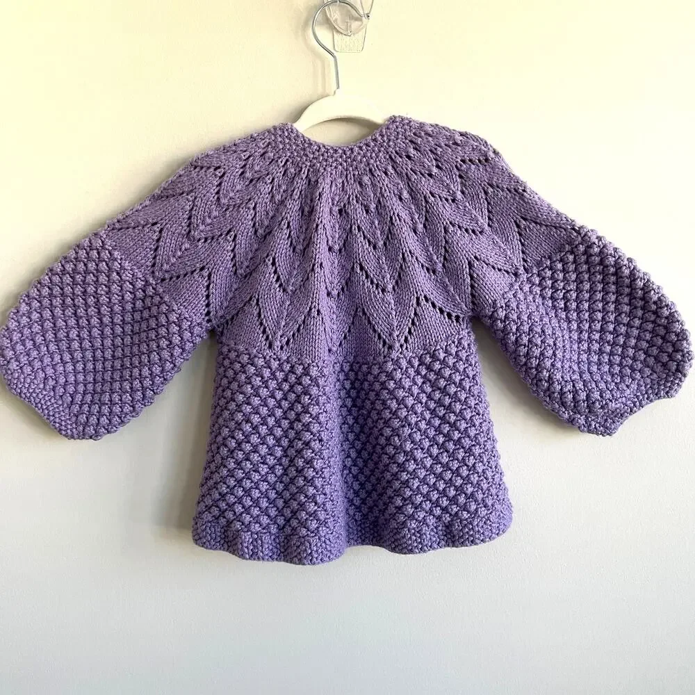 June Bee Baby Bubble Cardigan Sweater Hand Knit In Turkey Wood Buttons Purple